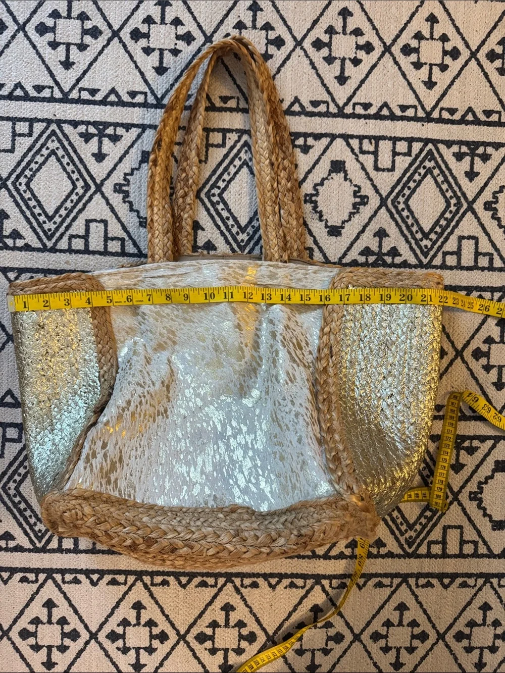 Chloe & Alex Braided Straw Tote with Gold Panels and Embossed Leather - NWOT